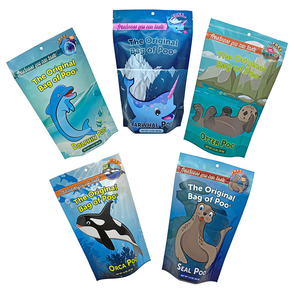 Aquarium Variety Pack includes the Dolphin Poo, Narwhal Poo, Orca Poo, Otter Poo and the Sea Lion Poo. Each bag of Cotton candy has unique flavors and colors.