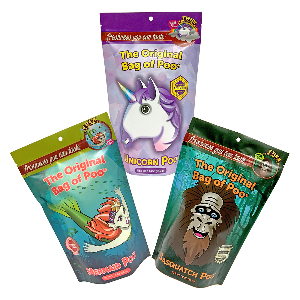 Mythical Variety Pack of Cotton Candy. It includes The Mermaid Poo, Sasquatch Poo and the Unicorn Poo. Each bag of cotton candy has different colors and flavors.