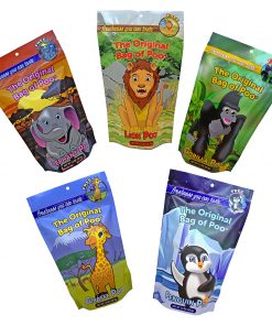 Zoo Cotton Candy Variety Pack includes 5 bags of unique characters. You'll get the elephant poo, giraffe poo, gorilla poo, lion poo and penguin poo. Each has a unique color and flavor.