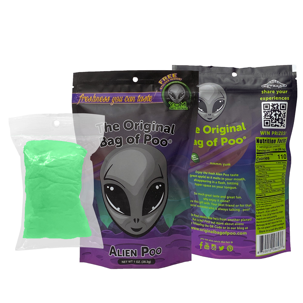 Alien poo package front and back and candy