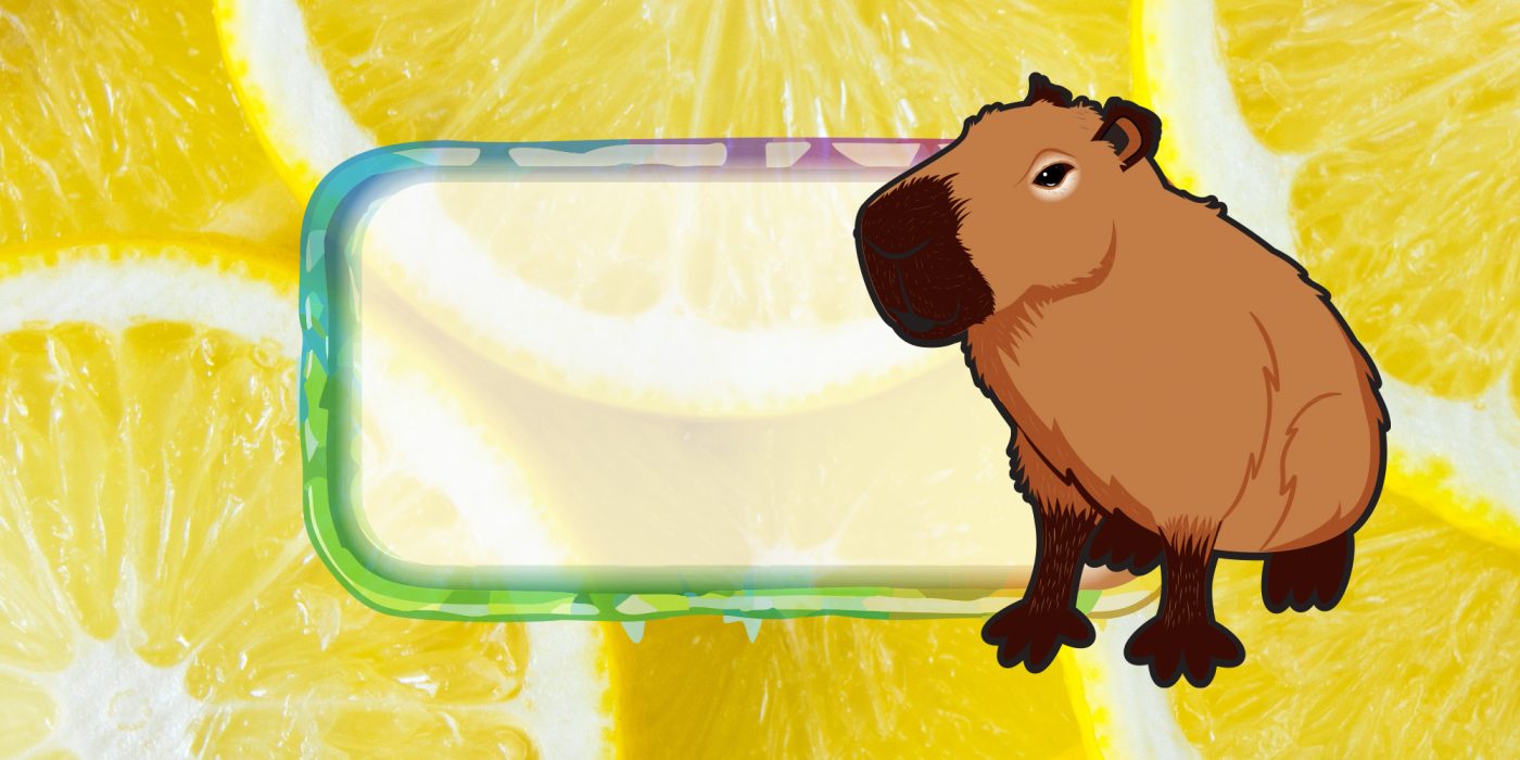 cartoon drawing of a caypbara over a translucent box with a lemon background