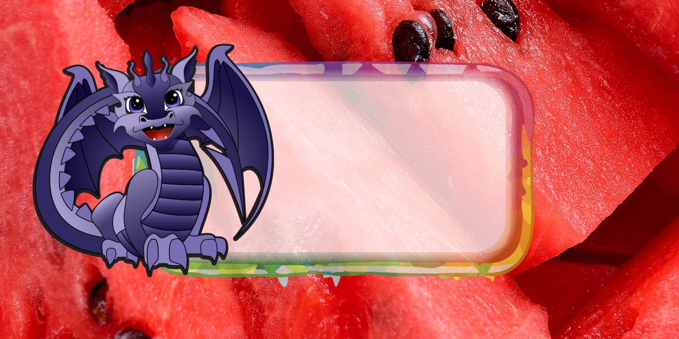 cartoon drawing of purple winged dragon smiling over a translucent box with a watermelon background