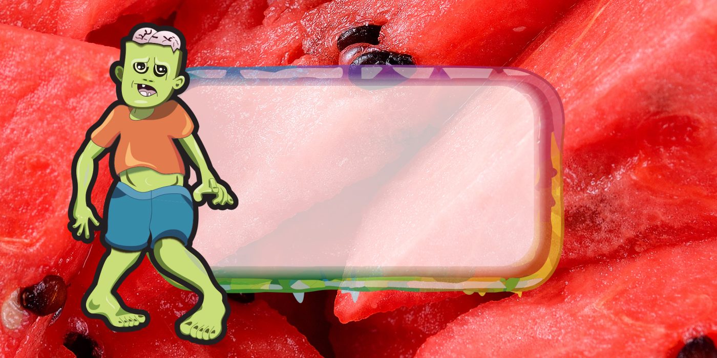 cartoon drawing of green zombie over a translucent box with a watermelon background